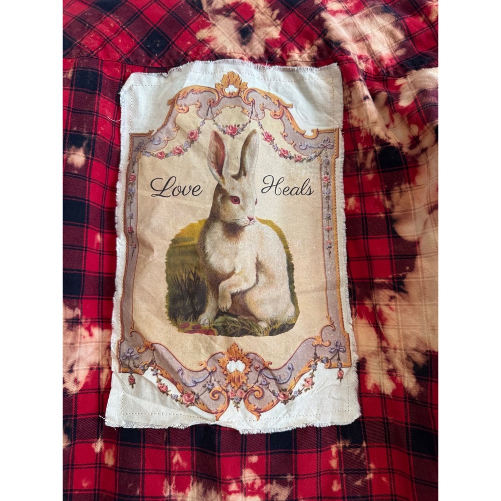 Upcycled/Reworked Flannel Shirt| Vintage "Love Heals" Rabbit| Boho| Medium - Picture 3 of 6